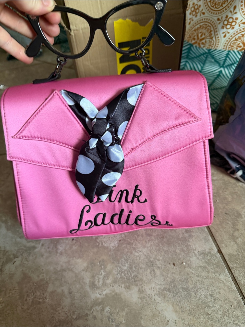 Loungefly Pink Crossbody Bag with Black Polka Dot Bow Accent